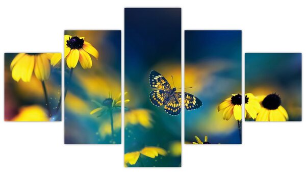 Obraz - Żółty motyl z kwiatami (125x70 cm)