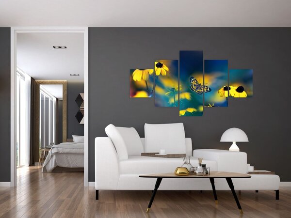 Obraz - Żółty motyl z kwiatami (125x70 cm)