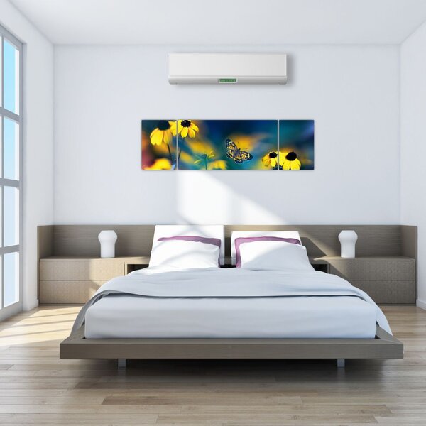 Obraz - Żółty motyl z kwiatami (170x50 cm)