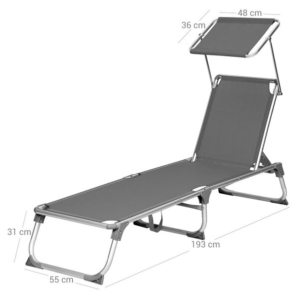 Leżak ogrodowy MALIBU z regulowanym daszkiem, 193x55x31 cm, szary SongmicsHome