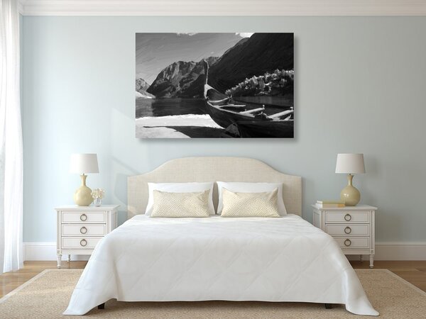 Obraz drewniany statek wikingów w wersji czarno-białej