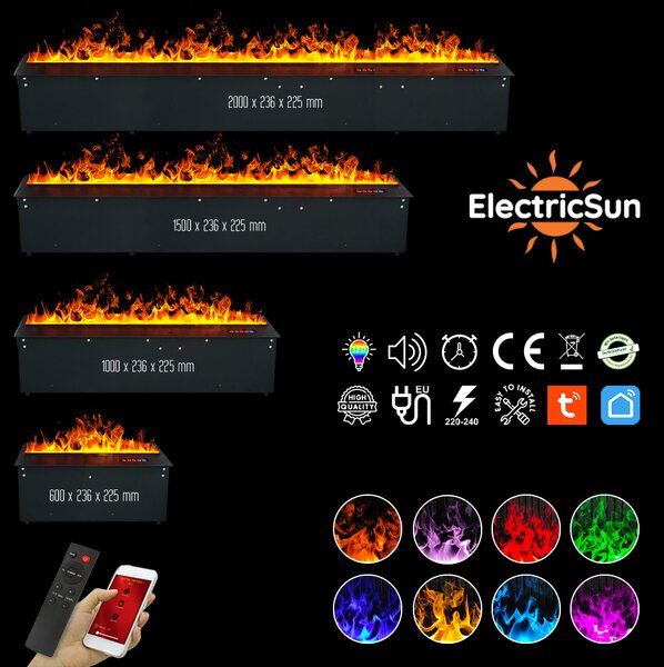 Wkład kominek elektryczny 3D do zabudowy z parą wodną, Led, z aplikacją, ElectricSun MISTique Średni 100 cm