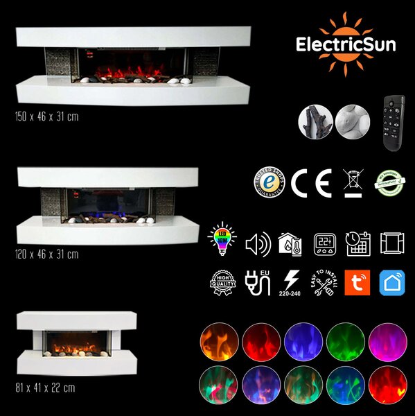 Kominek elektryczny Paula średni biały ElectricSun, z dźwiękiem, 10 kolory, z aplikacją, L120xH46x31cm