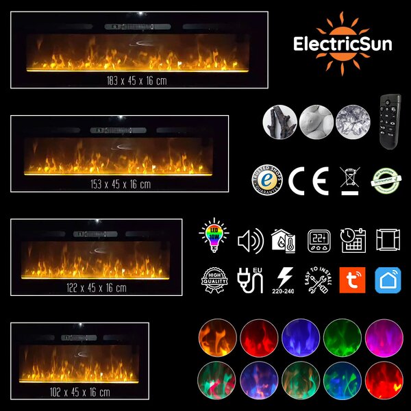 Kominek elektryczny ścienny 3D ElectricSun PAULA XS czarny szkło, naścienny, podłogowy lub wbudowane, z dźwiękiem, 10 kolory, z aplikacją, L102xH45x16