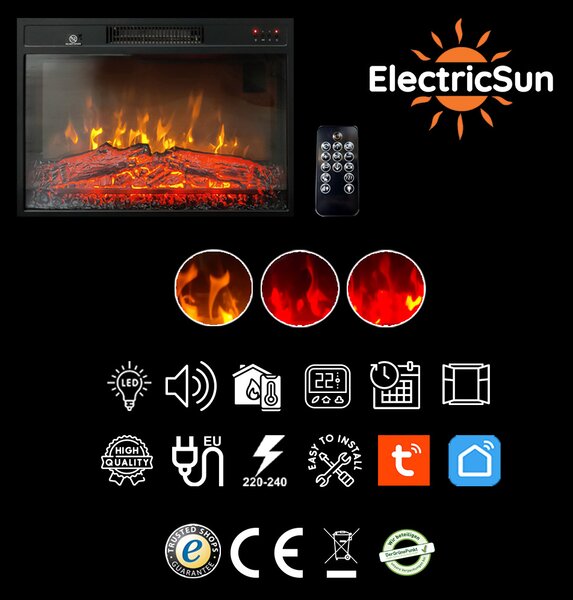 Wkład kominek elektryczny do zabudowy ElectricSun 23 cale, z grzejnik elektryczny, z dźwiękiem, 3 kolory, z aplikacją, L59xH44cm