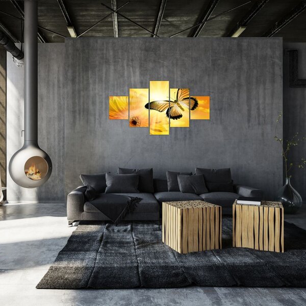 Obraz - Żółty motyl z kwiatkiem (125x70 cm)