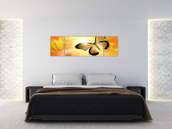 Obraz - Żółty motyl z kwiatkiem (170x50 cm)