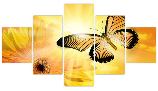 Obraz - Żółty motyl z kwiatkiem (125x70 cm)