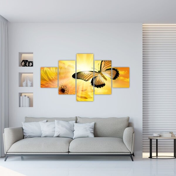 Obraz - Żółty motyl z kwiatkiem (125x70 cm)