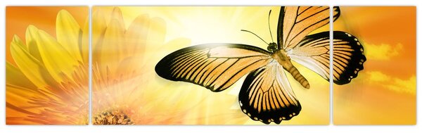 Obraz - Żółty motyl z kwiatkiem (170x50 cm)