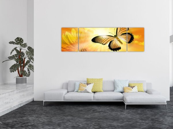 Obraz - Żółty motyl z kwiatkiem (170x50 cm)