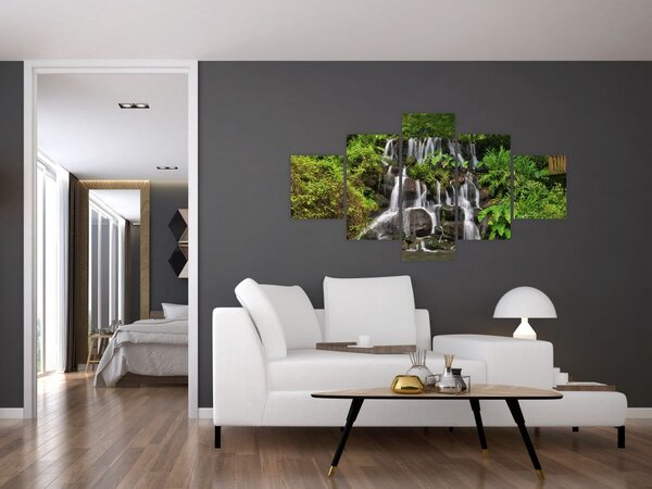 Obraz wodospadów w tropikalnym lesie (125x70 cm)
