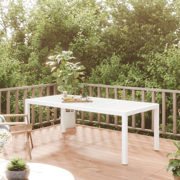 Stół ogrodowy, biały, 190x90x75 cm, szkło hartowane i rattan PE