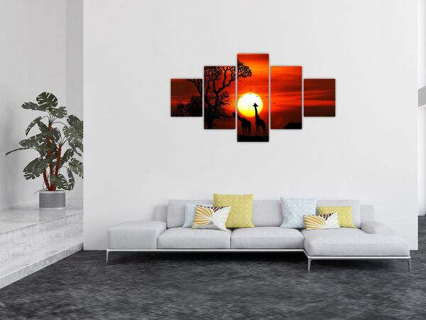 Obraz - Sylwetki zwierząt o zachodzie słońca (125x70 cm)