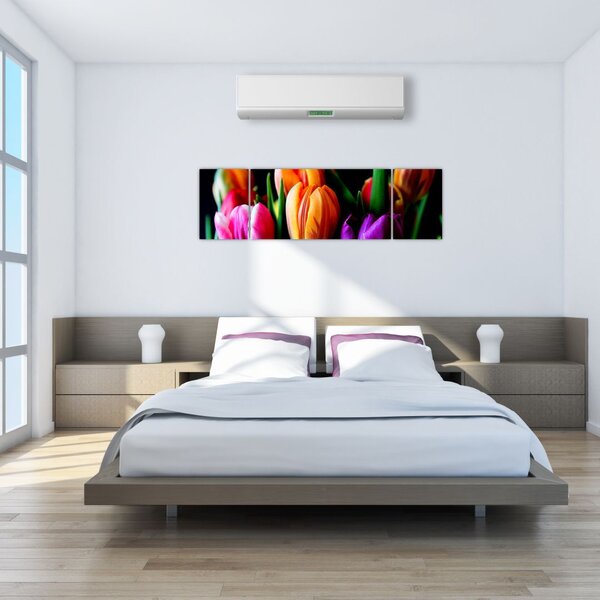 Obraz tulipanów na czarnym tle (170x50 cm)