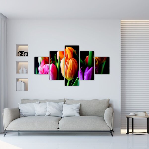 Obraz tulipanów na czarnym tle (125x70 cm)
