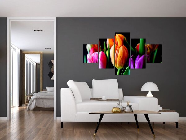 Obraz tulipanów na czarnym tle (125x70 cm)