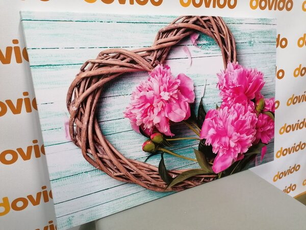 Obraz peonie na drewnianym sercu