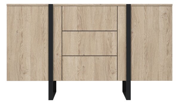 Komoda Verica 150 cm dwudrzwiowa z szufladami - dąb biszkoptowy / czarne nóżki