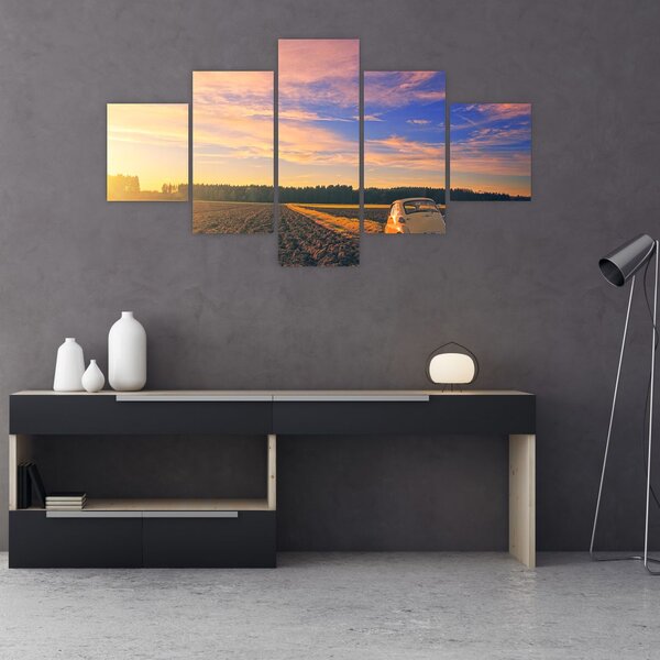 Obraz żółtego samochodu na polu (125x70 cm)