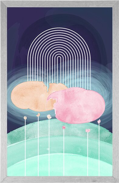 Plakat tęcza nad abstrakcyjną łąką Mid-Century