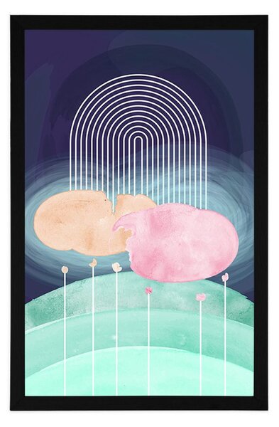 Plakat tęcza nad abstrakcyjną łąką Mid-Century
