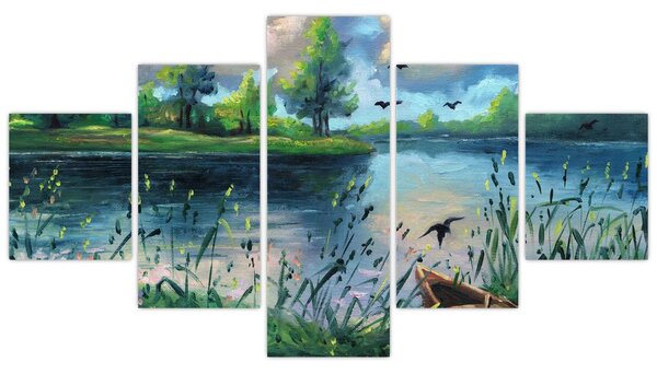 Obraz - Obraz olejny, Wczesny letni wieczór nad jeziorem (125x70 cm)