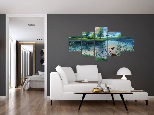 Obraz - Obraz olejny, Wczesny letni wieczór nad jeziorem (125x70 cm)