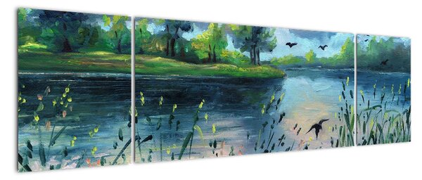 Obraz - Obraz olejny, Wczesny letni wieczór nad jeziorem (170x50 cm)
