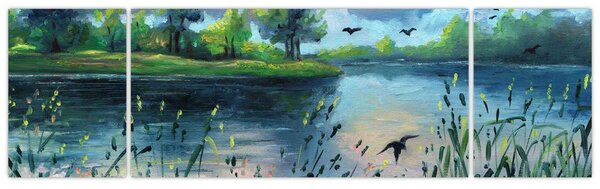 Obraz - Obraz olejny, Wczesny letni wieczór nad jeziorem (170x50 cm)