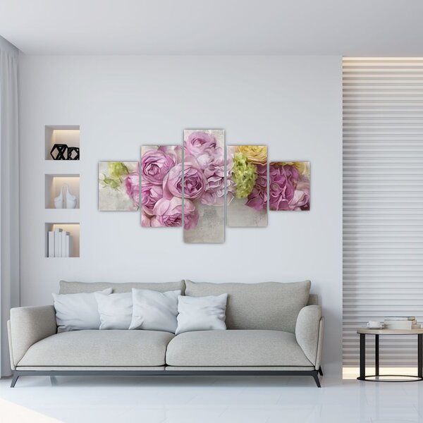 Obraz - Kwiaty na ścianie w pastelowych kolorach (125x70 cm)