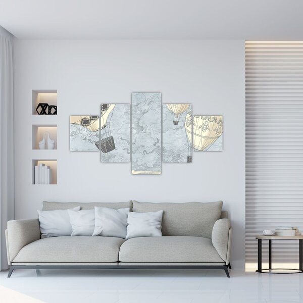 Obraz - Balony nad miastem, zimne odcienie (125x70 cm)