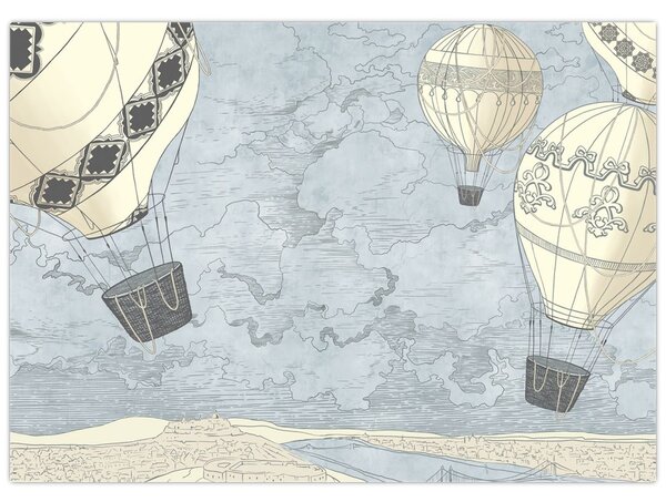 Obraz - Balony nad miastem, zimne odcienie (70x50 cm)
