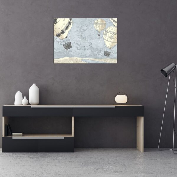Obraz - Balony nad miastem, zimne odcienie (70x50 cm)