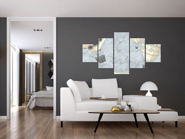Obraz - Balony nad miastem, zimne odcienie (125x70 cm)