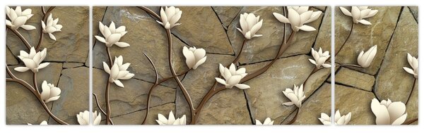 Obraz - Białe magnolie na murze kamiennym (170x50 cm)