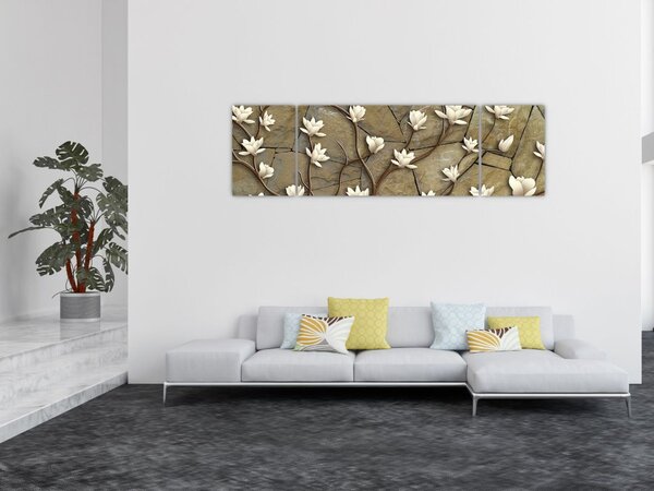 Obraz - Białe magnolie na murze kamiennym (170x50 cm)