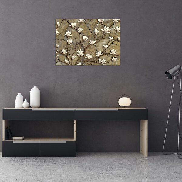 Obraz - Białe magnolie na murze kamiennym (70x50 cm)