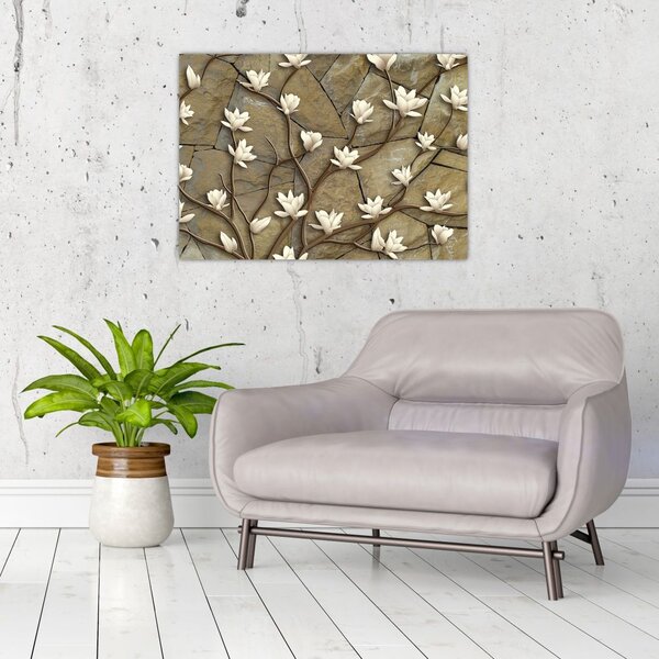Obraz - Białe magnolie na murze kamiennym (70x50 cm)