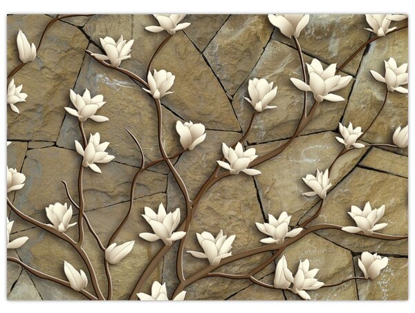 Obraz - Białe magnolie na murze kamiennym (70x50 cm)