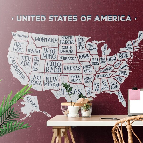 Tapeta edukacyjna mapa USA z bordowym tłem