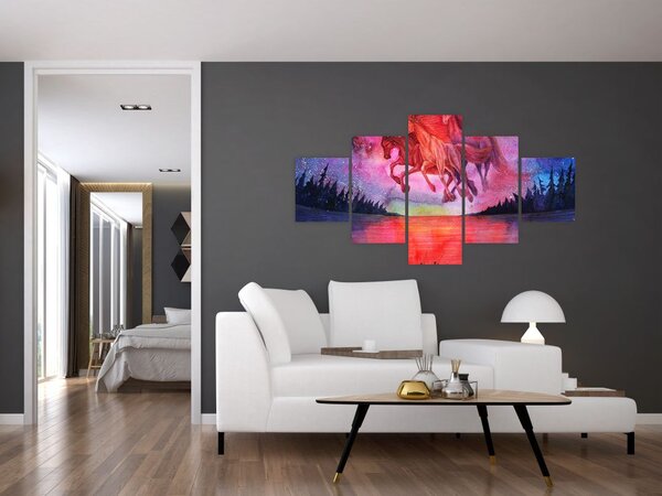 Obraz - Pojawienie się kosmicznych koni nad jeziorem, akwarela (125x70 cm)