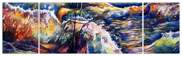 Obraz - Statek na falach oceanu, akwarela (170x50 cm)