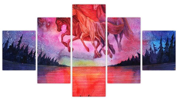 Obraz - Pojawienie się kosmicznych koni nad jeziorem, akwarela (125x70 cm)