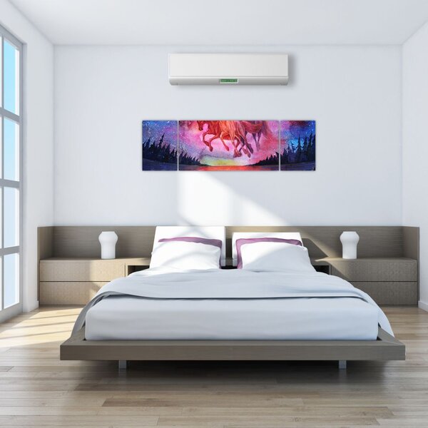 Obraz - Pojawienie się kosmicznych koni nad jeziorem, akwarela (170x50 cm)