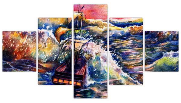 Obraz - Statek na falach oceanu, akwarela (125x70 cm)