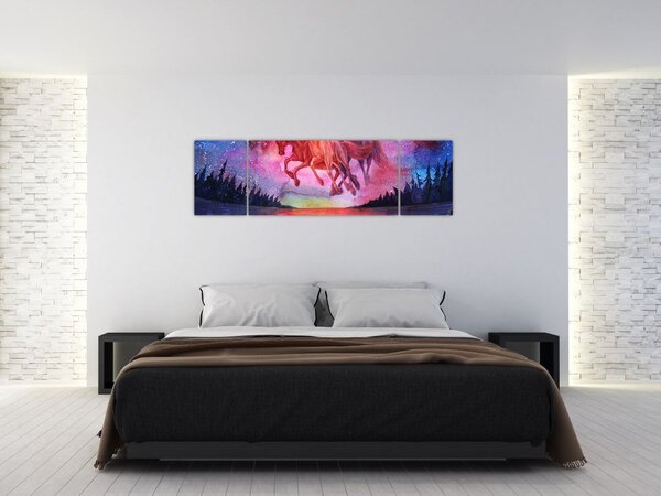 Obraz - Pojawienie się kosmicznych koni nad jeziorem, akwarela (170x50 cm)