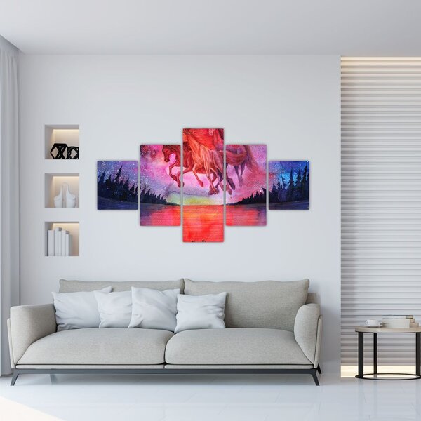 Obraz - Pojawienie się kosmicznych koni nad jeziorem, akwarela (125x70 cm)