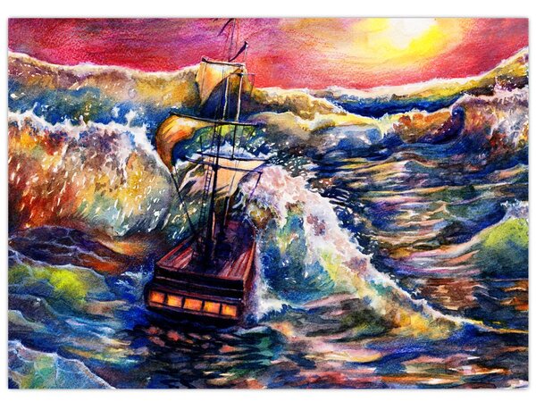 Obraz - Statek na falach oceanu, akwarela (70x50 cm)