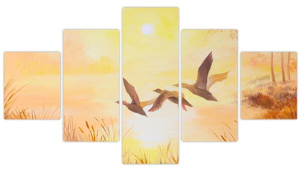 Obraz - Żurawie o zachodzie słońca (125x70 cm)